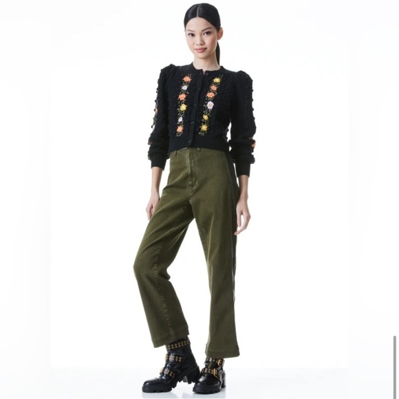 NWT Alice + Olivia Kitty Puff Sleeve Floral Embroidery Cardigan Sweater medium - Picture 5 of 10